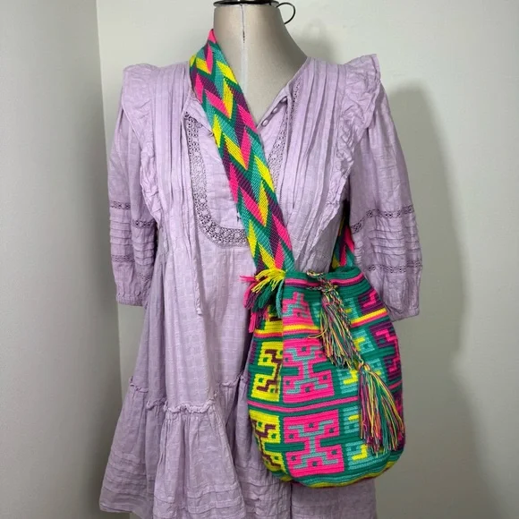 Authentic Wayuu boho bucket Crossbody bag hand woven cotton Multicolor - Picture 8 of 11